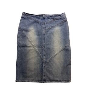 Vintage CLIO Denim Midi Skirt Womens 10 Blue V-Seam Pencil Skirt Y2K 90's Retro